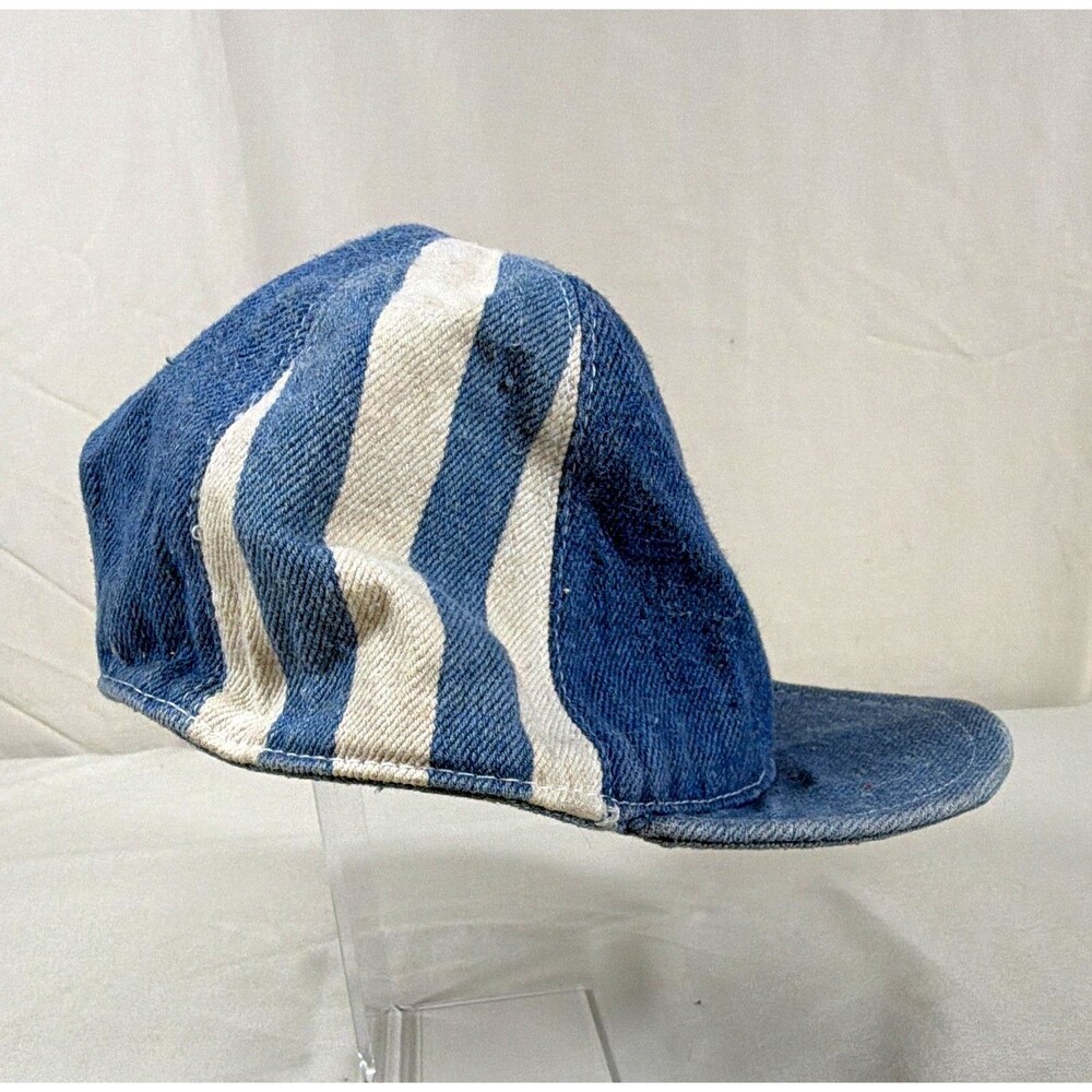 Childrens Blue Denim White Stripe Elastic Back Baseball Hat - Vintage